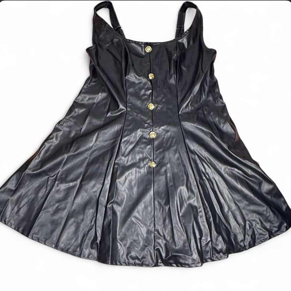 Faux Leather Sleeveless Mini Dress - Black Fit & Flare with Gold Buttons - New